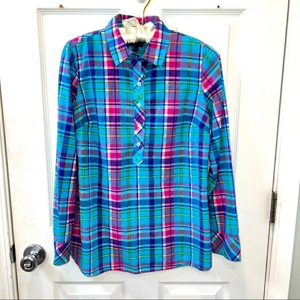 TALBOTS 100% cotton pink and blue plaid split hem L/S top -must be bundled